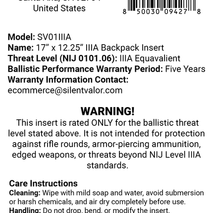 Level IIIA Aramid Armor Insert